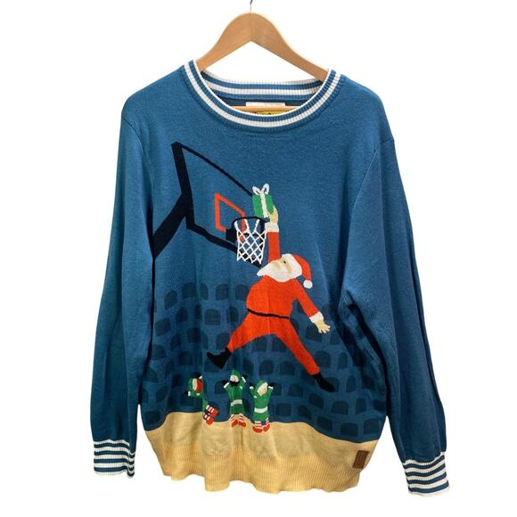 Tipsy Elves Mens Novelty Ugly Christmas Sweater Santa Basketball Blue Holiday - Picture 1 of 15